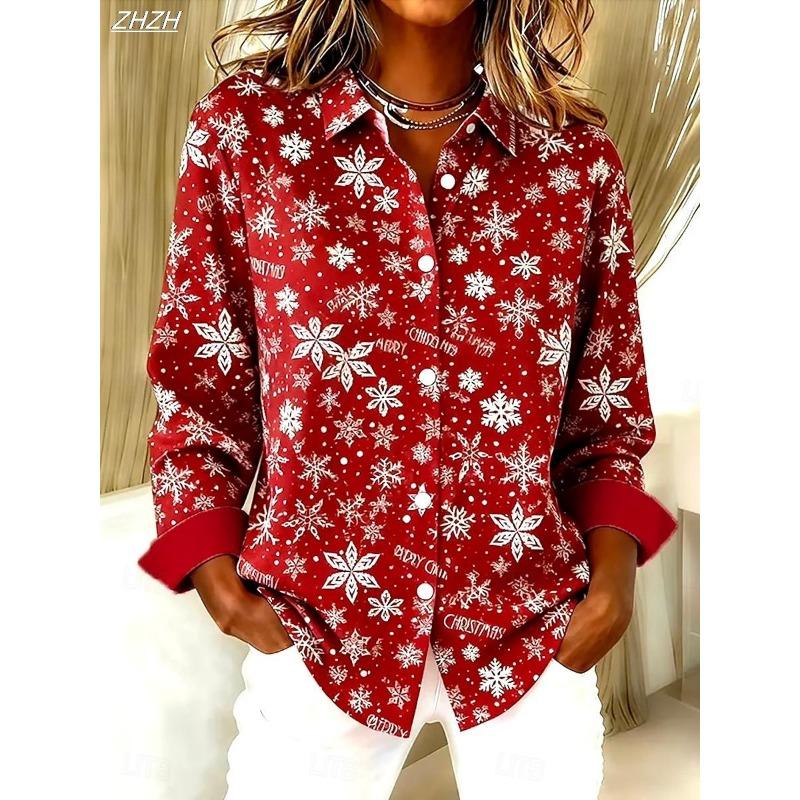 christmas Women's Plaid Snowflake Blouse, Tropical Vintage Style, Patchwork Button Design, All Seasons Casual Shirt winter