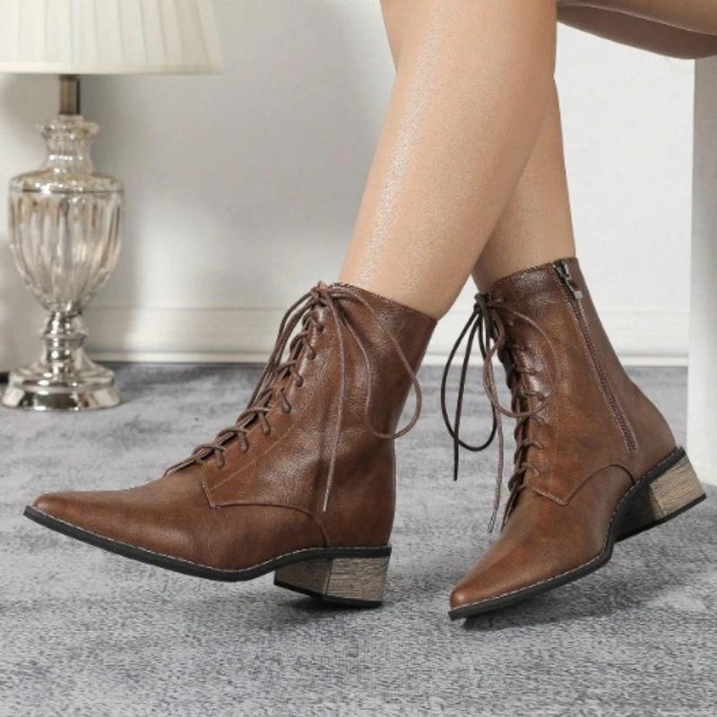 Pointed Toe Lace Up Chunky Root Ankle Boots for Women Fashion Side Zipper British Style Platform Short Boots Botas Para Mujer