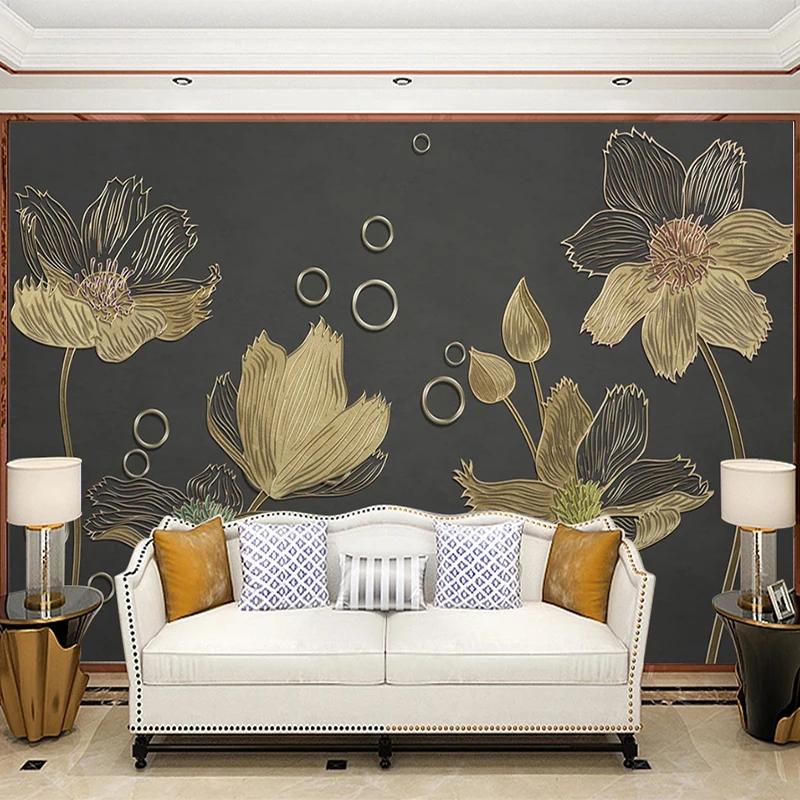 Photo Wallpaper European Style Flowers Golden Embossed Lines Mural Living Room Bedroom Light Luxury Background Wall Paper