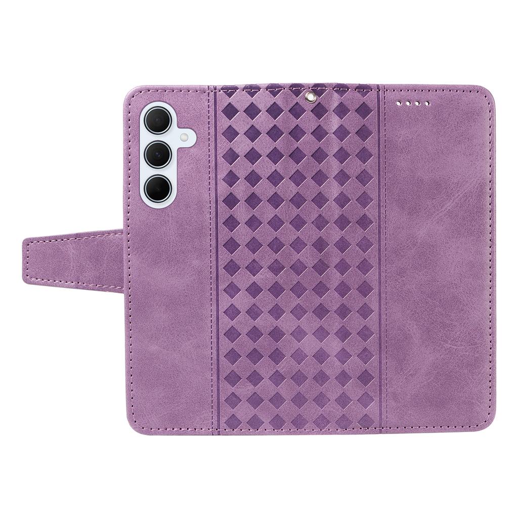 For Samsung Galaxy A35 5G Leather Case Wallet Stand Grids Imprinted Phone Cover with Strap