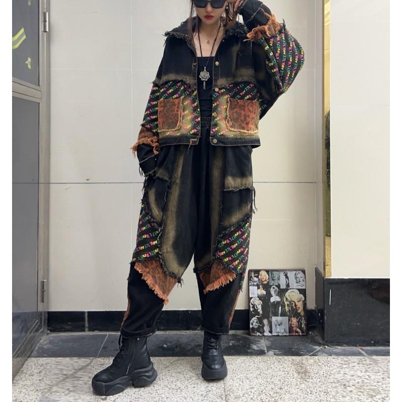 Set Vestă cu Glugă din Denim pentru Femei și Pantaloni Harem Stil Stradal Patchwork Imprimat Uzat