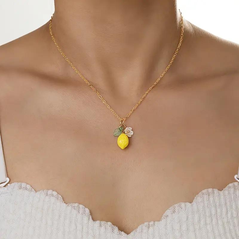 Sweet Cute Lemon Flower & Fruit Pendant Necklace for Women Lightweight Minimalist Neck Summer Vocation Jewelry Gifts