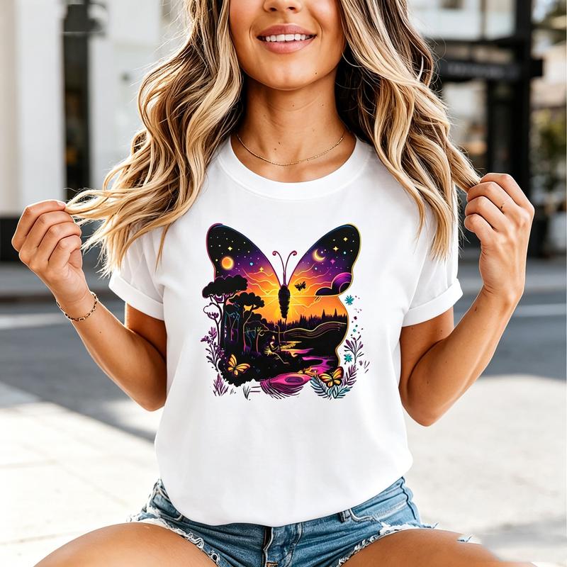 Butterfly Moon Mushroom Print TShirts Unisex Casual Summer Tops Vintage Graphic Tees