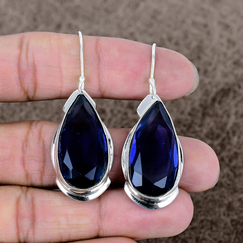 Blue Topaz Gemstone Handmade 925 Sterling Silver Jewelry Earring 2.13" KKG-616