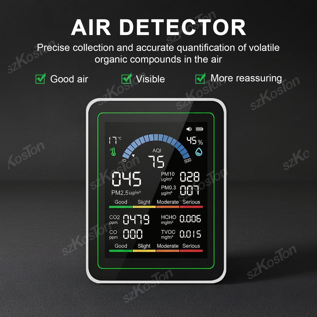 10 In 1 Air Quality Monitor PM2.5,CO₂,HCHO,TVOC,CO,Temperature and Humidity Multi-functional Air CO2 Sensor with Display Screen