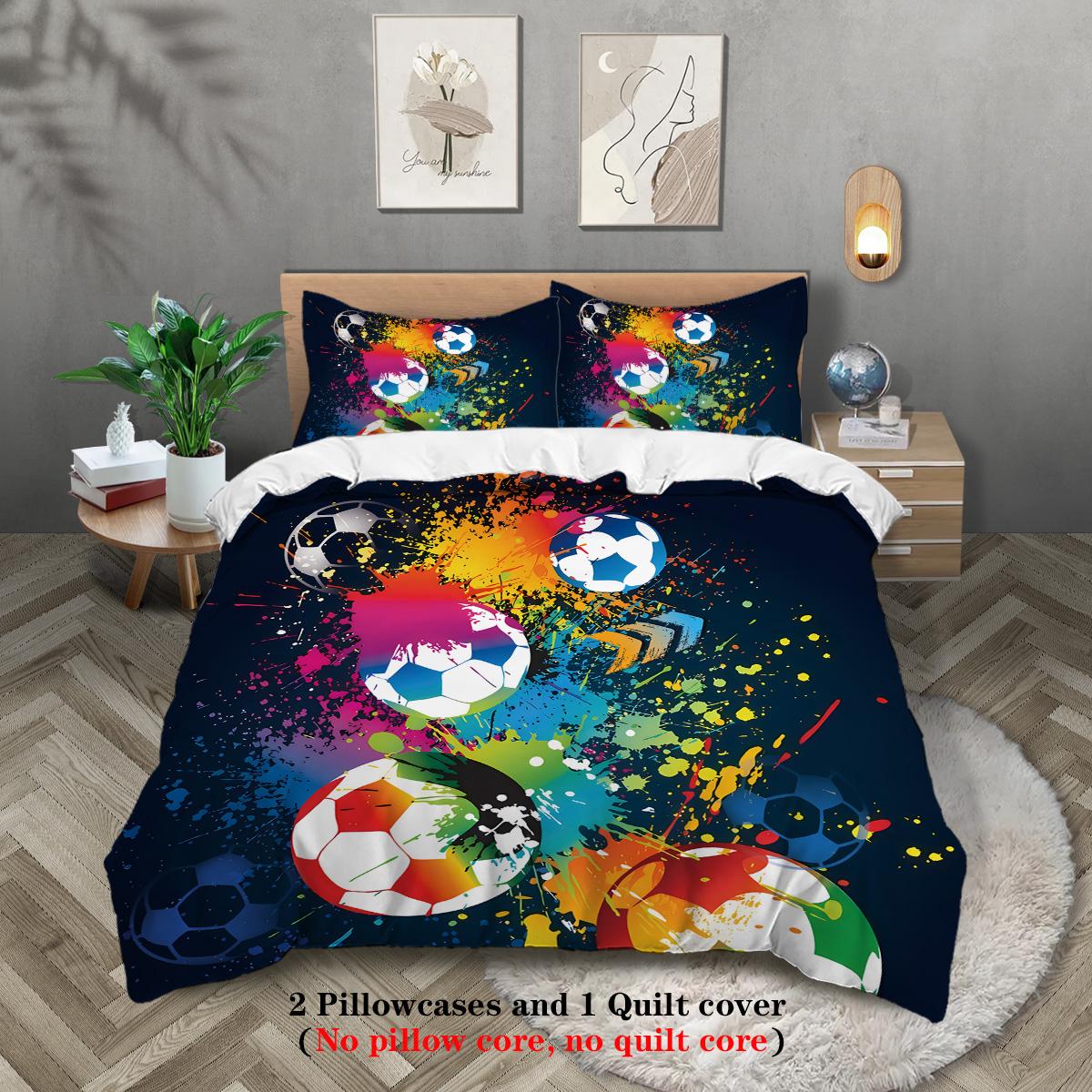 

3-piece set, colorful football pattern printed duvet set, queen, king, double bed, party funny and creative bedding set 135x200cm-EU-Single