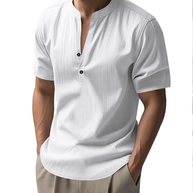 Summer Men's Casual Loose-Fit Shirt with Stand Collar Linen Short-Sleeved Plain-Coloured Shirt Plus Size Menswear