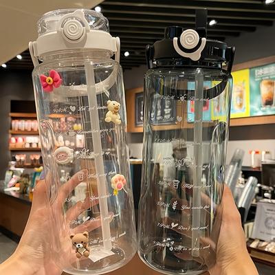 2 Liter Large Capacity Sports Water Bottle with Time Marker&Straw&Handle Plastic Water Cup Outdoor Camping Travel Drinking Tools