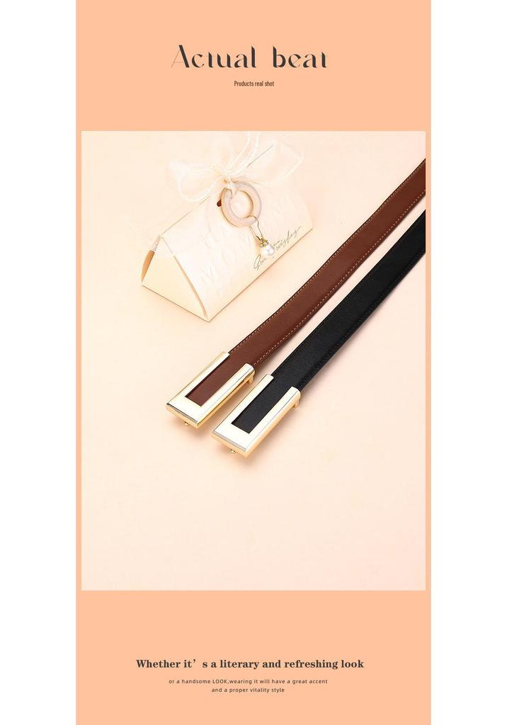Women's Fashionable Gold Buckle Leather Belt - Versatile Cowhide Waistband for Dresses and Pants