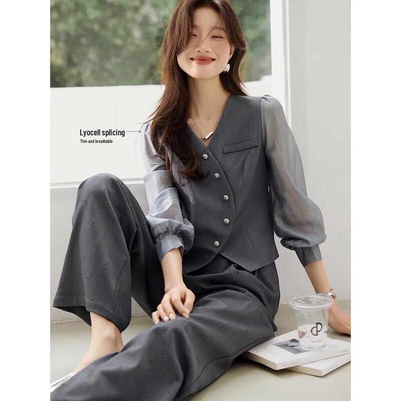 

Faux Two-Piece Floral V-Neck Jacket & Wide-Leg Pants Set M