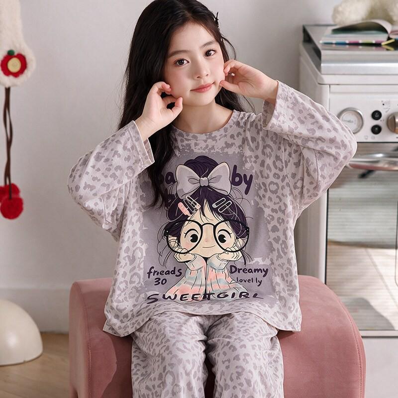 100% Cotton Girls Long Sleeve Pajamas Set Cartoon Print Round Neck Sleepwear Kids 8 Years