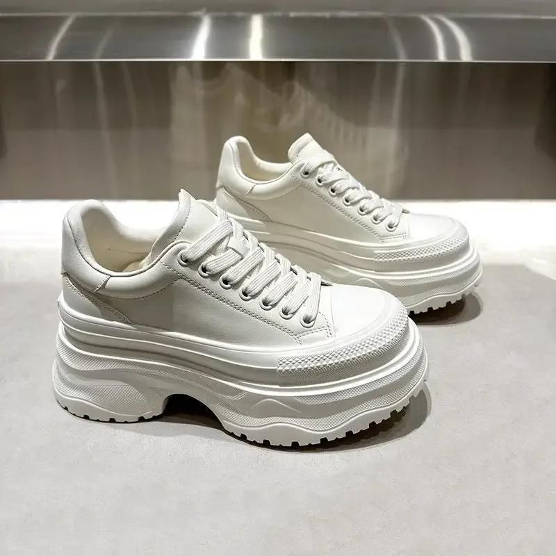 

Модная женская обувь в европейском стиле, повседневная, 2025, новая осенняя коллекция, 8 см увеличенная высота, толстая подошва, старомодные белые туфли 35 белый