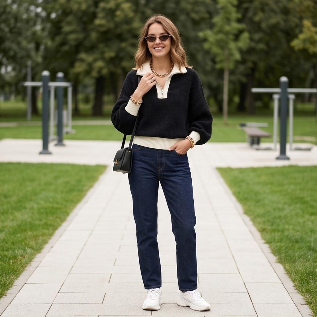Women's Color Block Half-Zip Turtleneck Knit Sweater Top for Casual Wear