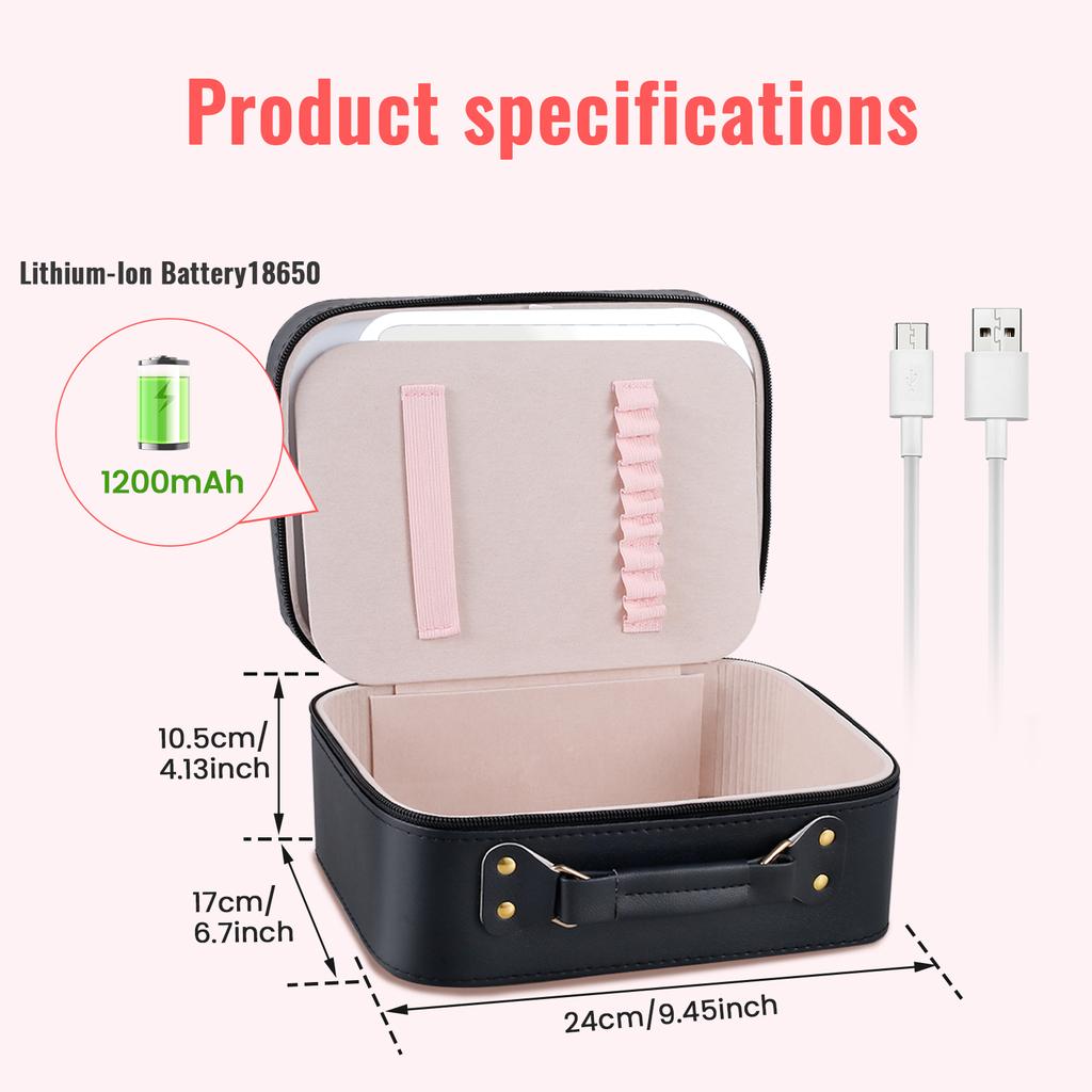 Estuche Cosmético Iluminado con LED Espejo Bolsa de Almacenamiento de Maquillaje Portátil Viaje Impermeable Cuero PU Luminancia Ajustable Gran Capacidad