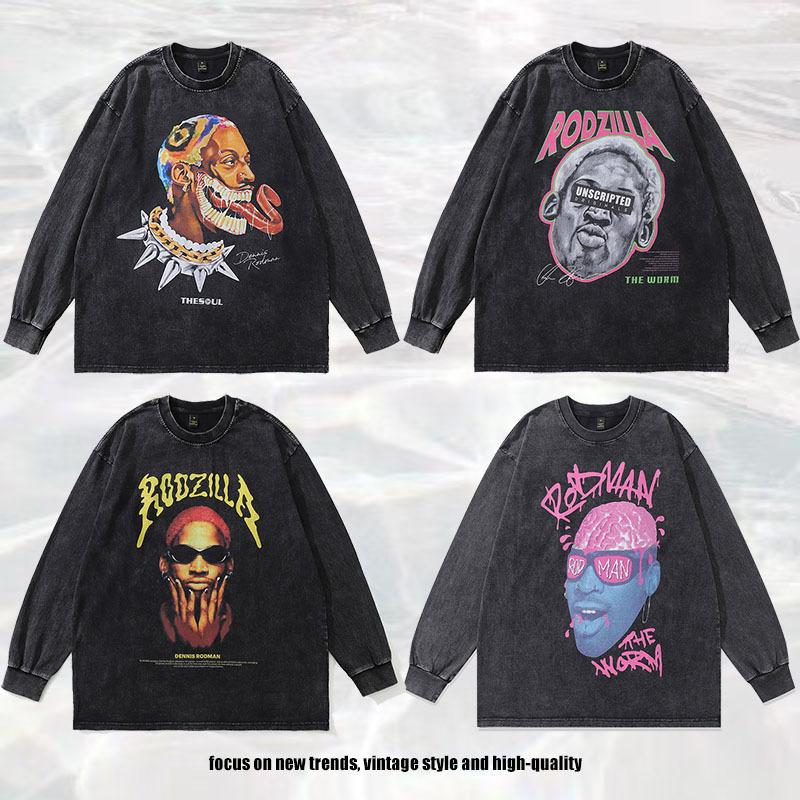 American High Street Heavy Long-Sleeved T-Shirt Men'S And Women'S Autumn And Winter Loose Retro Printed Vintage Top