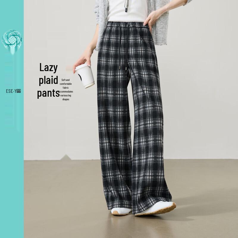 ESE-Y Women's Lazy Style Plaid Wide-Leg Casual Pants