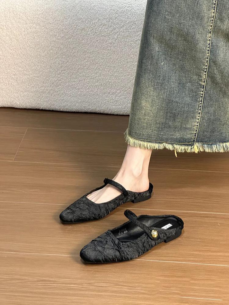 Sheepskin version~ New Chinese baotou half slippers, female style gentle fairy style lazy person with one foot, flat-soled muller shoes