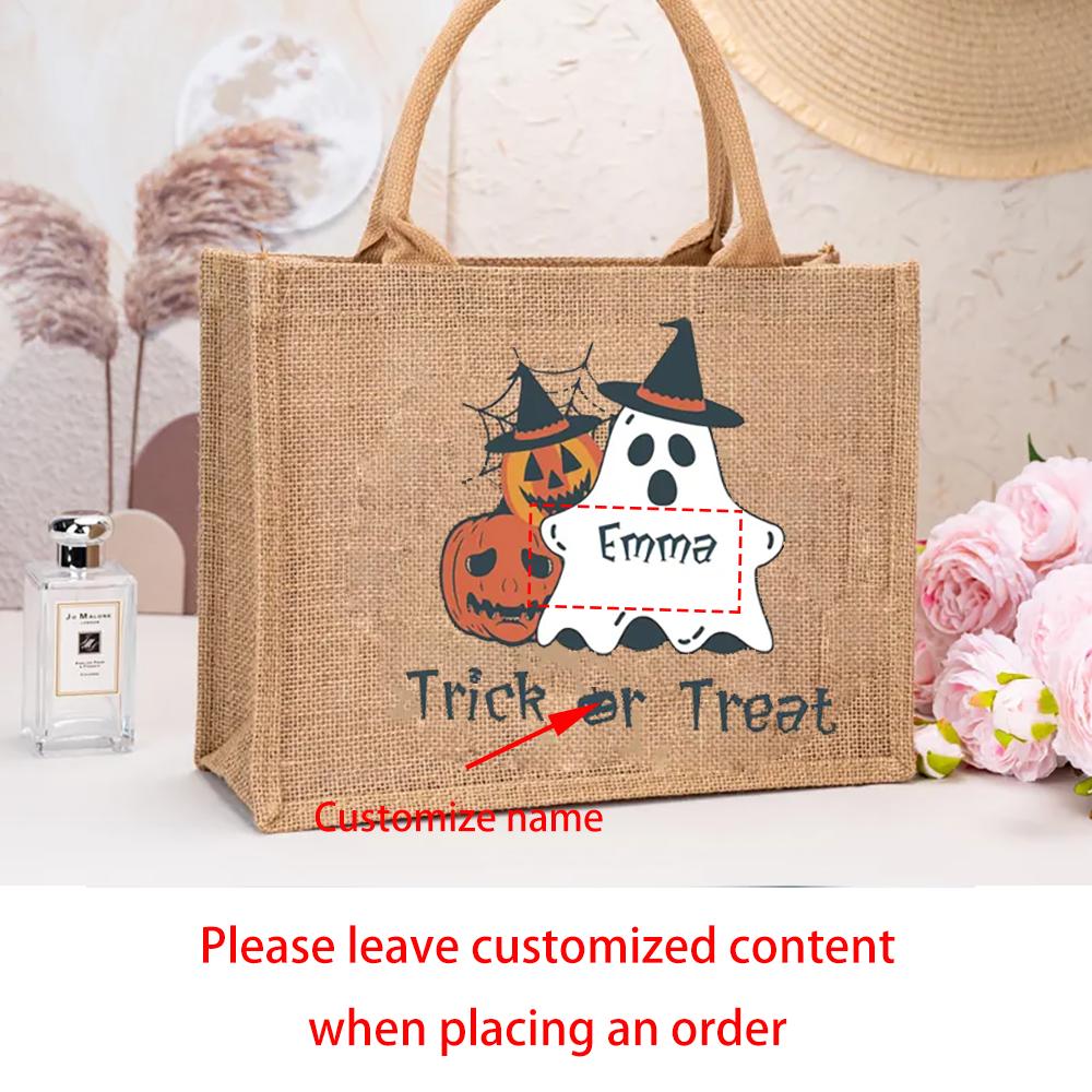 Personalised Trick or Treat Tote Bag Custom Name Halloween Kids Candy Bag Pumpkin Ghost Kids Reusable Bags Halloween Party Decor