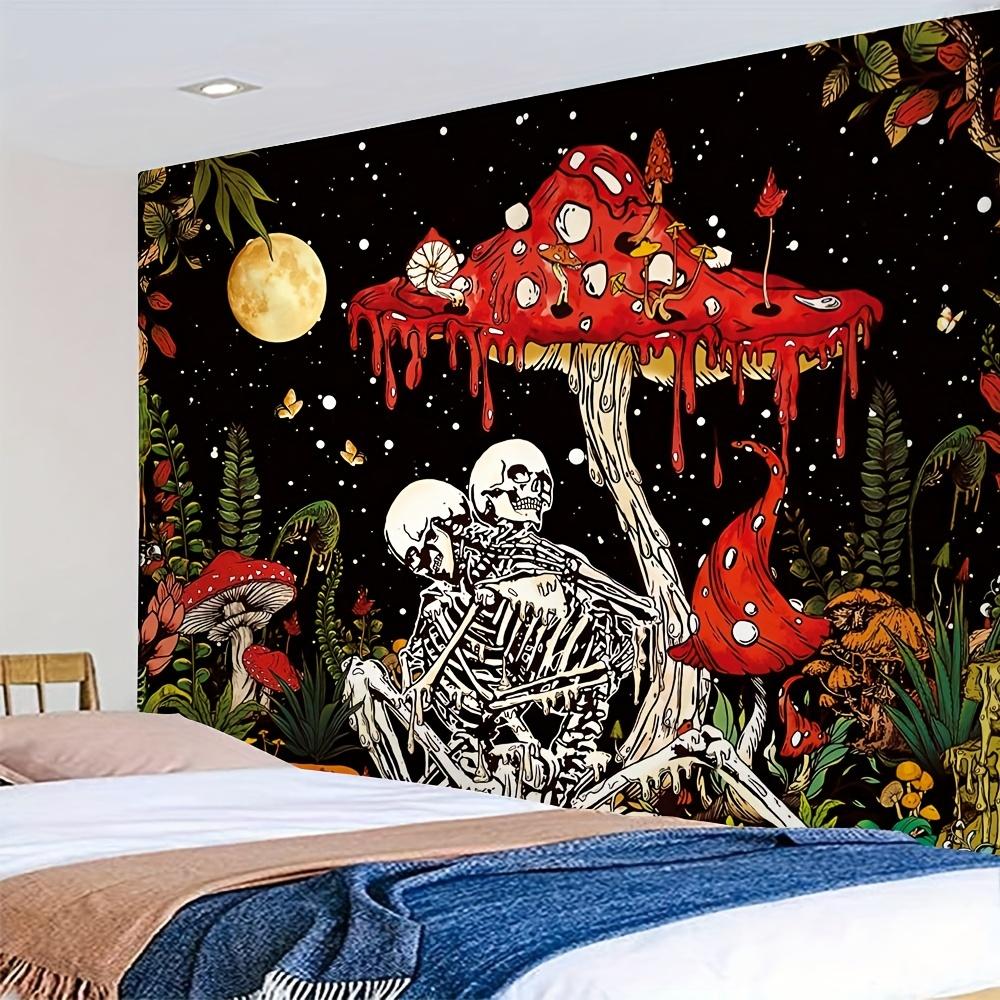 Romantic Skeleton Couple & Magic Forest Tapestry - Vibrant Mushroom, Butterfly & Starry Night Design