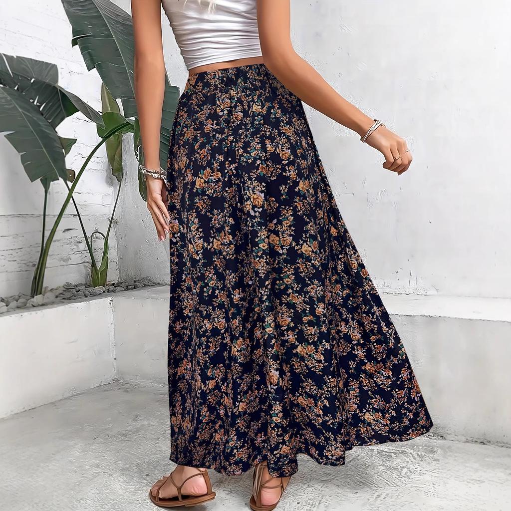 Women's Ditsy Floral Elastic High Waist Flowy a Line Maxi Skirt Casual Summer Beach Long Sundress Bottom