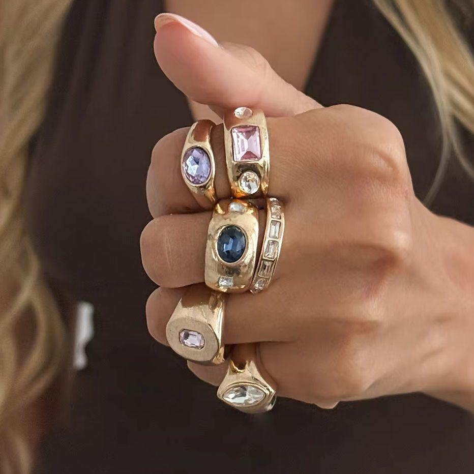 KunJoe 6Pcs/Set Vintage Punk Metal Gold Color Rings Woman Exquisite Glass Rhinestone Adjustable Wide Ring Aesthetic Jewelry Gift