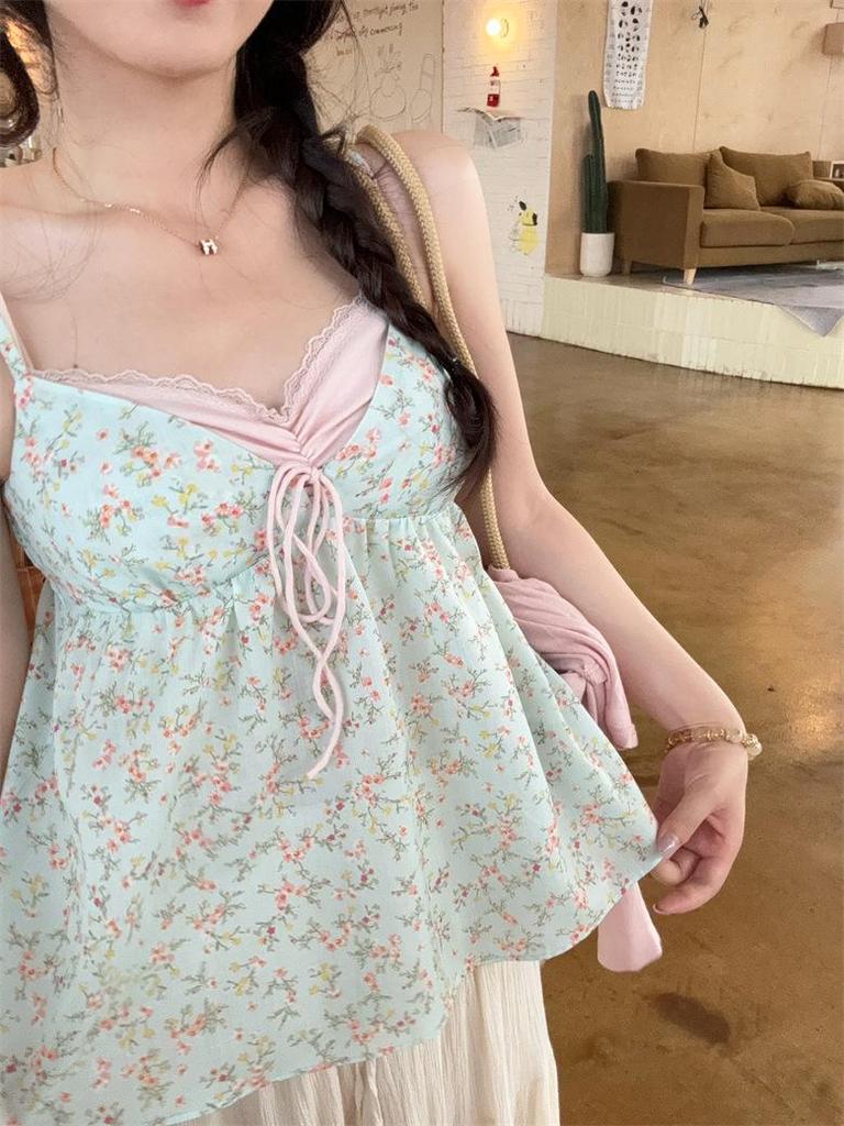 2026 Spring/Summer Women's Floral Chiffon Sun Protection Set: V-neck Tank Top with Cardigan