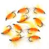 MNFT 10PCS 6# Yellow Beard Orange Worm Fly Trout Fishing Fly Bait