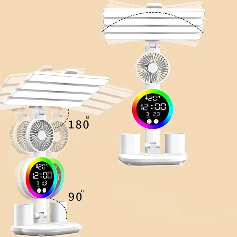 3 In1 Multifunction Table Lamp LED Four-headed Folding with Fan Calendar Clock USB Rechargeable Desk Light 3200mah Reading Lamp