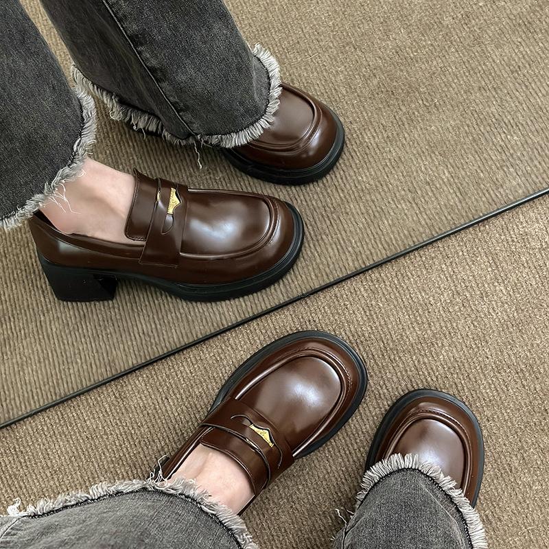 Dámské silné vintage kožené boty na vysokém podpatku se silnou podrážkou a boty britského stylu