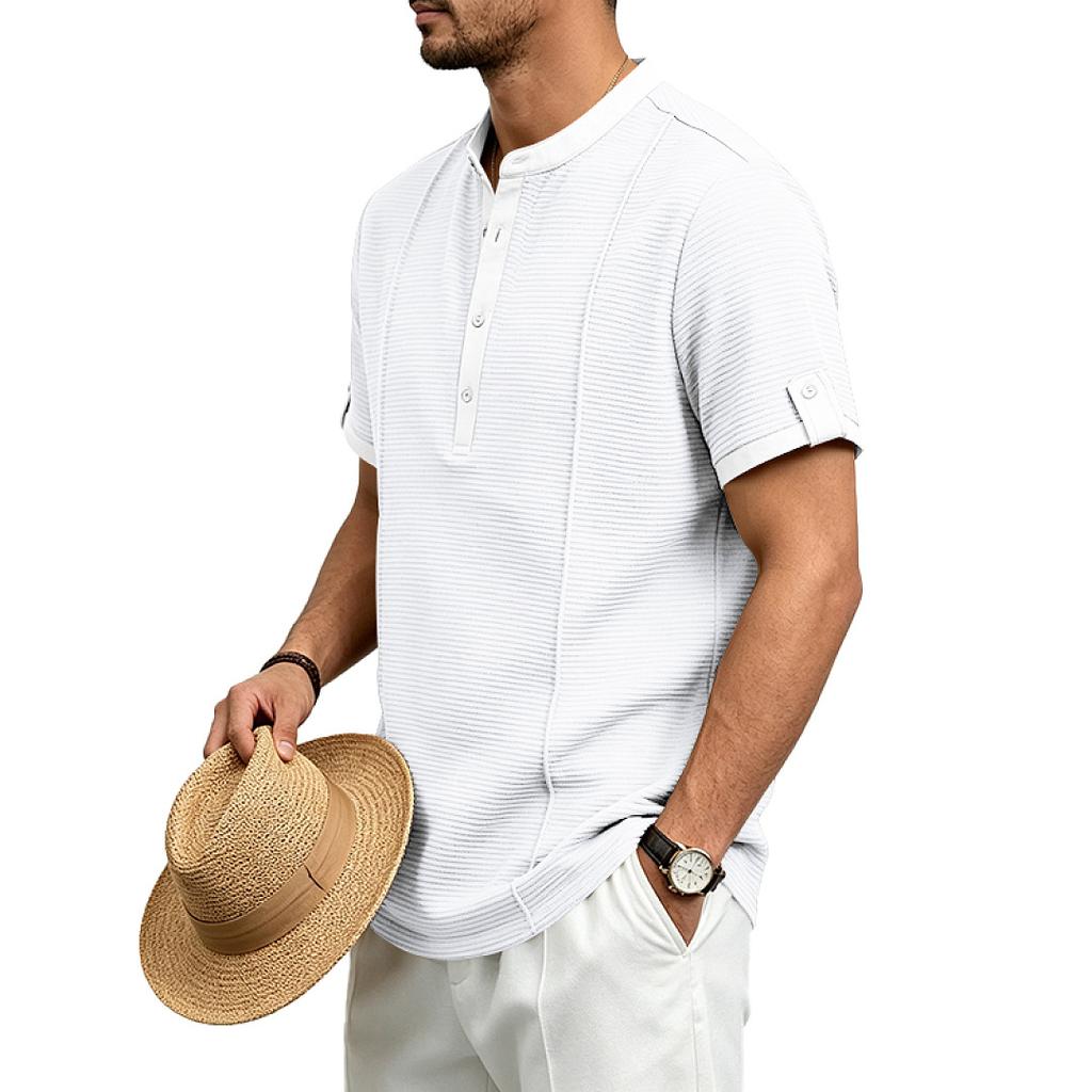 Mens American Retro Textured Henley Short Sleeve Casual Loose Vacation Commuter T Shirt