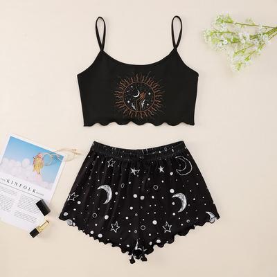 Pyjama 2 pièces pour femmes, pyjama d'été imprimé, Lingerie Sexy, chemise de nuit