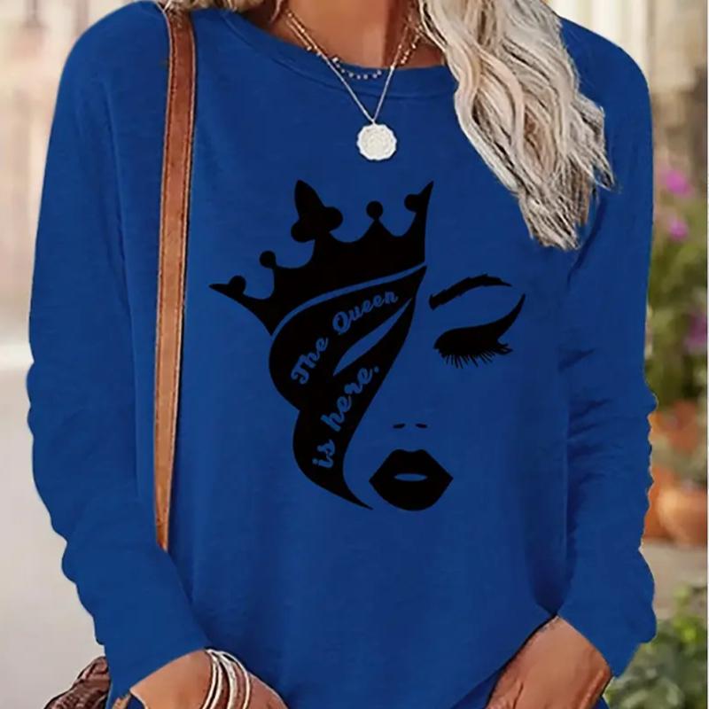 Tops For Women Fashionable Girl's Face Print Round Neck Long Sleeve T-shirt Fall Casual Slim Pullover Women's Long Sleeve Top
