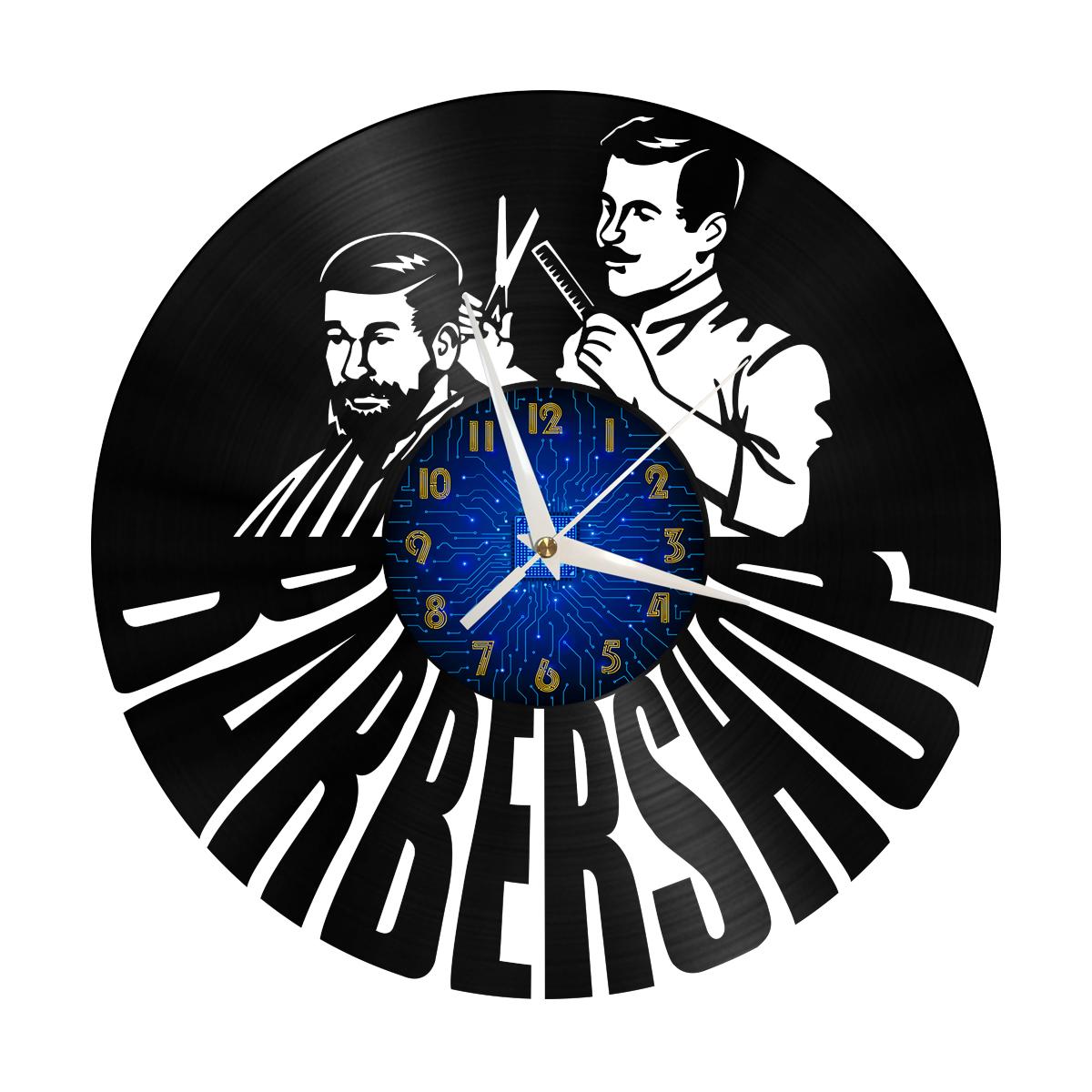 

Barber Shop Decorative Art Wall Clock Men s Hairdressing Logo Mural Creative Vinyl Record Wall Clock Barber LED Light Gift Clock