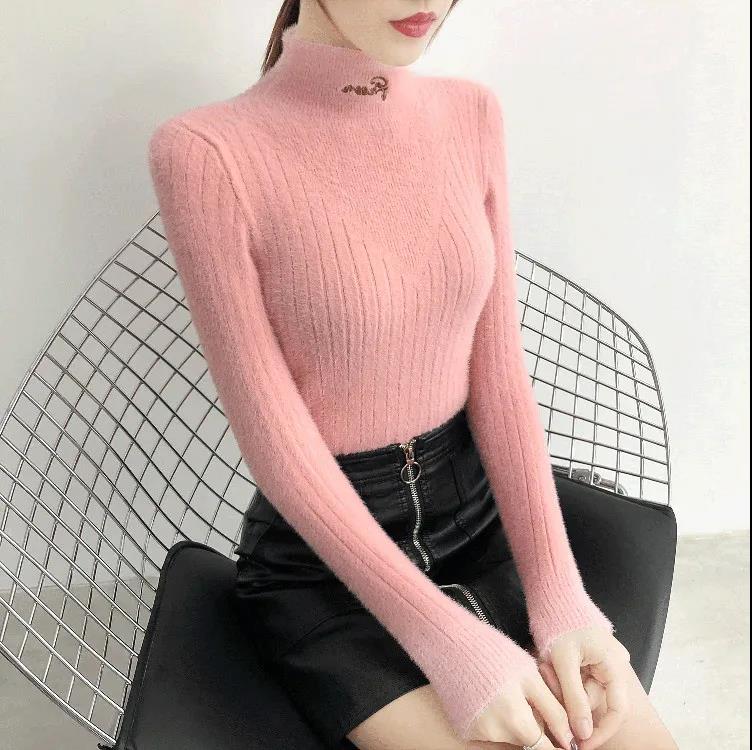 Mink Fleece Sweater Women's Solid Color Letter Embroidered Sweater Cropped Half Turtleneck Bottoming Shirt