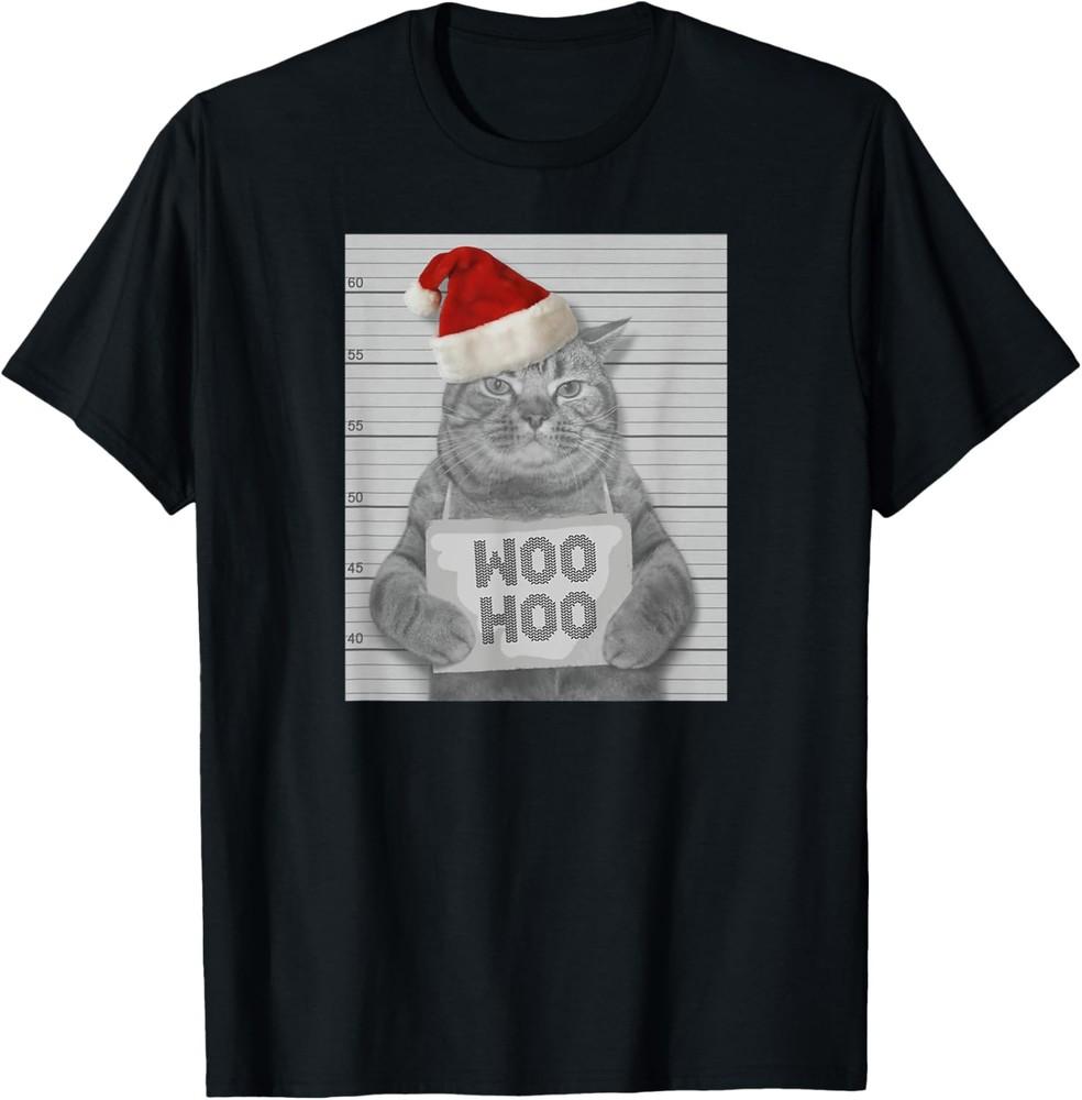 Woo Hoo, Sarcastic Grumpy Christmas Cat Mugshot T-Shirt Unisex T-Shirt L