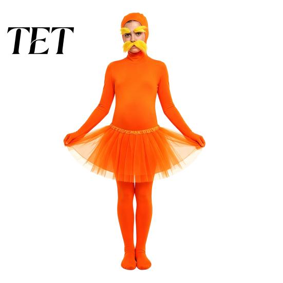 Unisex Zentai Suit Orange Full Bodysuit, with Tulle Skirt, Fake Belly, Yellow Mustache & Eyebrows, Solid Color Costume Open Face Suit, Halloween