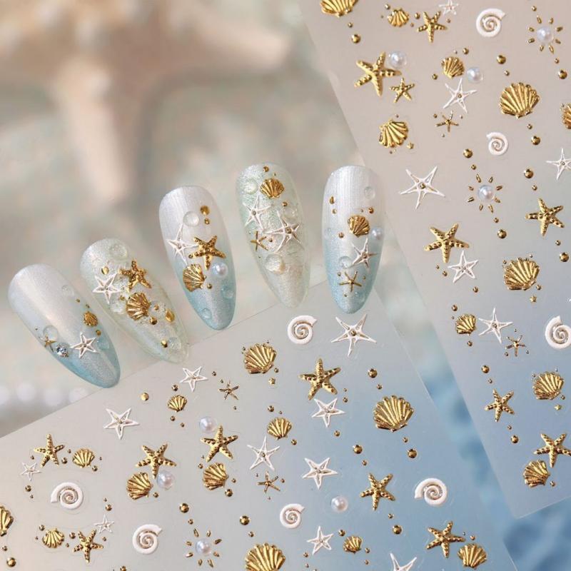 Gold Stamped Shell Conch Scallop Starfish Pearl 5D Embossed Self Adhesive Nail Art Stickers Delicate Ocean Style Manicure Decals