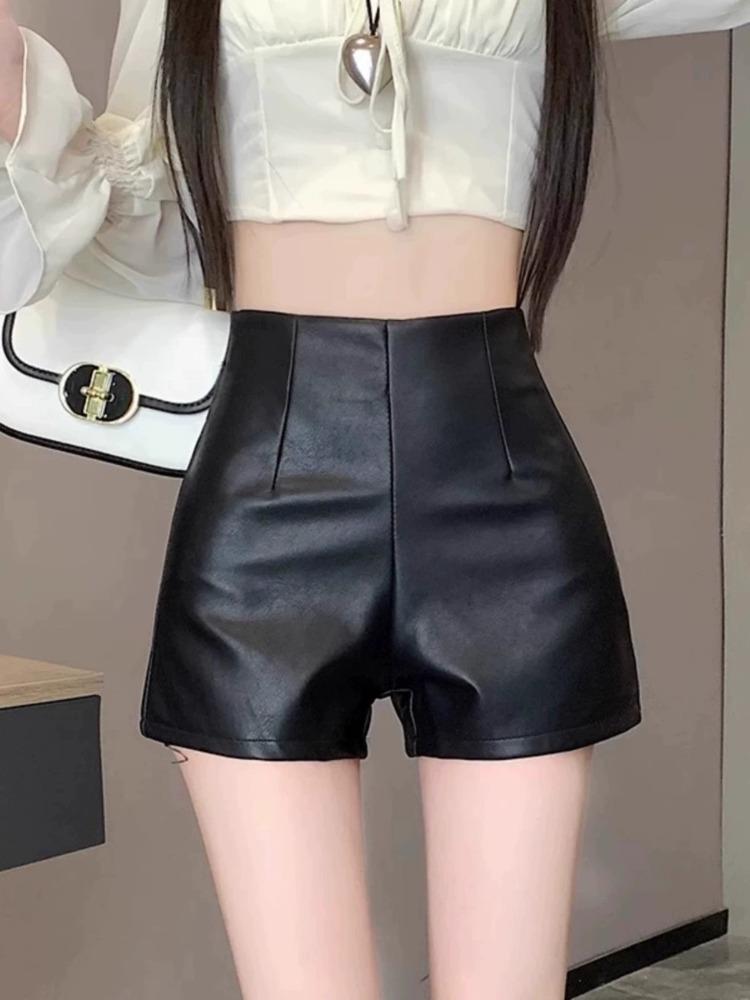 

Women s Early Fall Petite Outer Wear PU Leather Wide Leg Super Short Pants Black High Waisted A-Line Shorts Mini Shorts Versatile Slim Fit Hot Pants XS чёрный