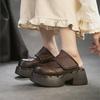 Johnature Retro Genuine Leather Outdoor Slippers Thick Heel Comfortable Slip-on Women's Platform Shoes