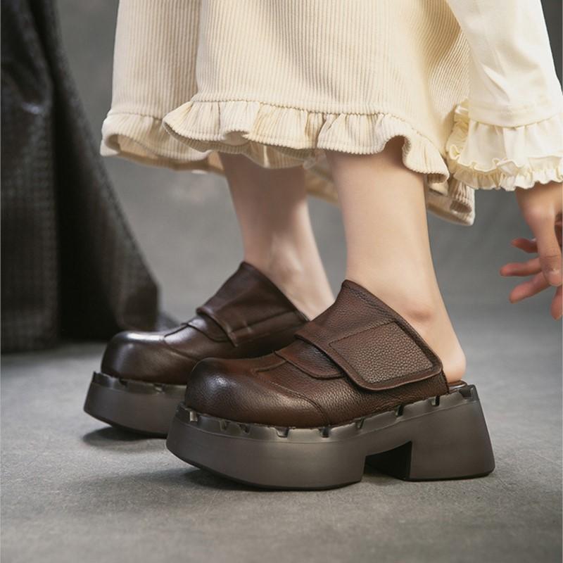 Johnature Retro Genuine Leather Outdoor Slippers Thick Heel Comfortable Slip-on Women's Platform Shoes