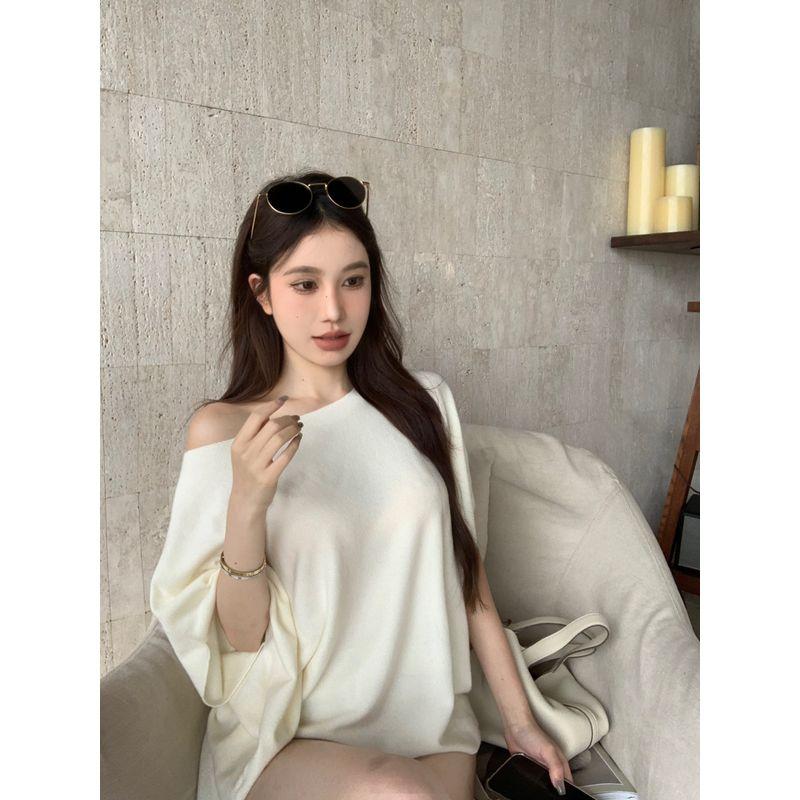 Loose Slim Looking Casual off-the-Shoulder Knitting Short Sleeve T-shirt