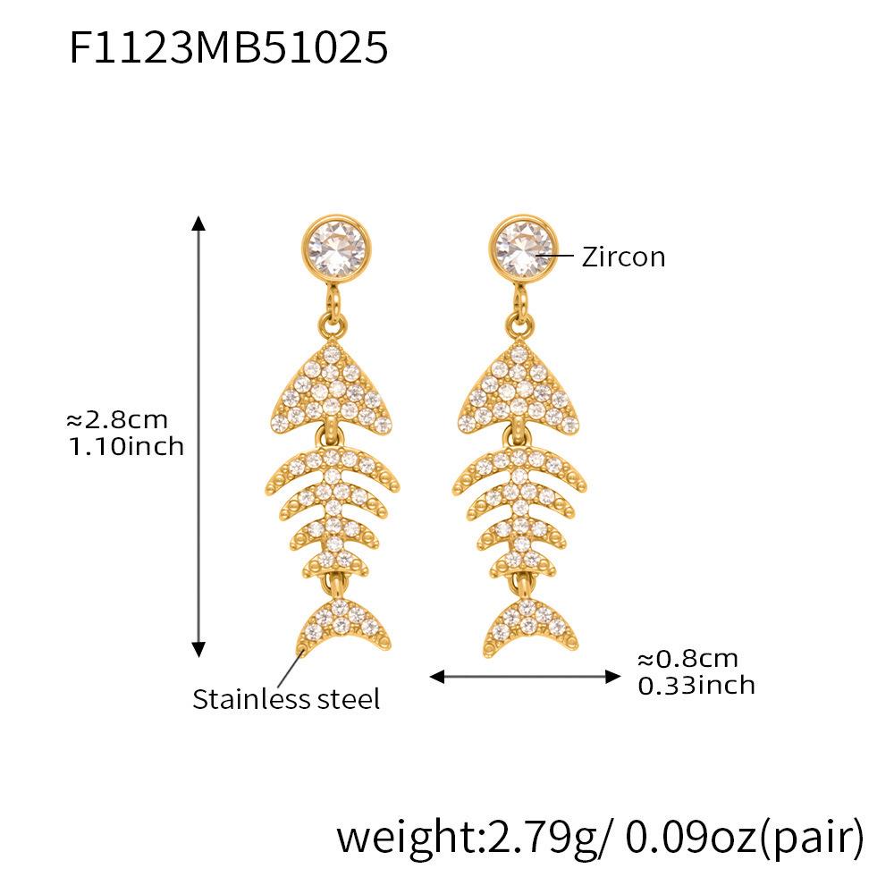 Qiong Yao Geometric Zirconia Fish Bone Earrings - 18K Gold Plated Stainless Steel, Versatile European American Fashion Ear Clips