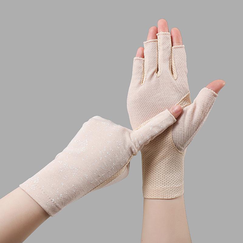 New Fashion Women's Cotton Dot Summer Fingerless Half Finger Anti-Skid Sun Protection Printing anti-UV Thin Short Driving Gloves