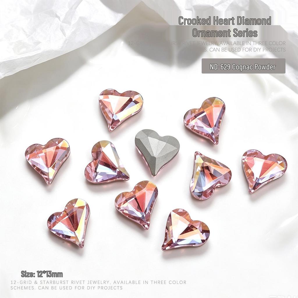 "10-Piece Heart-Shaped Nail Art Accessories with Pointed Bottom Transparent and Colorful Diamonds"
