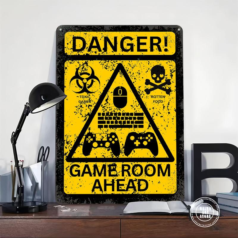 Gamer Room Danger Sign Tinplate Poster Customized Wall Art Vintage Retro Metal Signs for Aesthetic Decoration At Home Man Cave