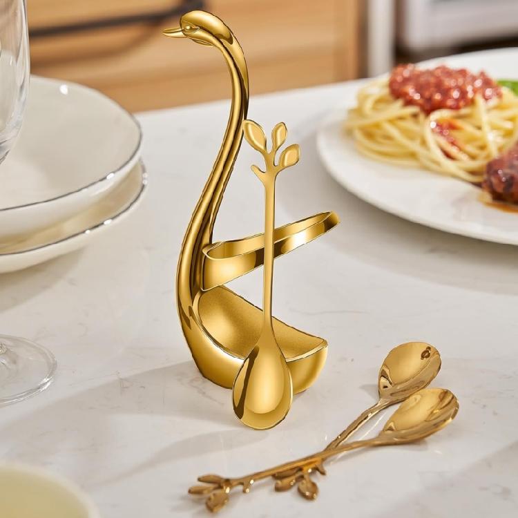 Rustproof Stainless Steel Ice Creams Spoon And Cocktails Fork Pack With Elegant Cygnet Stand Base For Gift