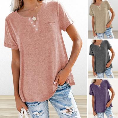 Women T-shirt V-Neck Loose Fit Shirt Buttons Neckline Tee Short Sleeve Solid Color Pullover Tops