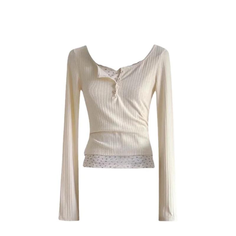 

Женская футболка из двух предметов с милым цветочным принтом, тонкий укороченный топ с длинными рукавами, лоскутные кружевные футболки Y2k, эстетичная мода M белый