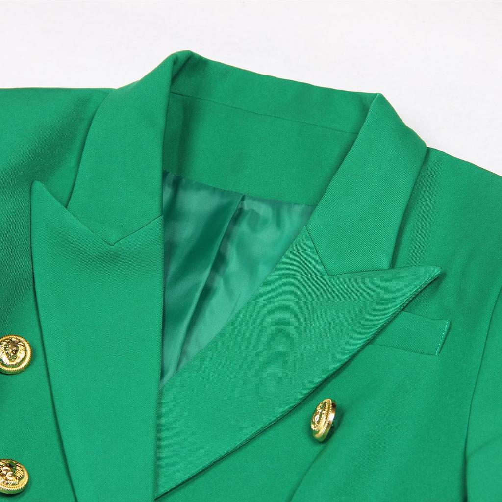 European Green Double-Breasted Women's Suit Jacket with Lion Head Buttons, V-Neck, Slimming Design, Versatile Style