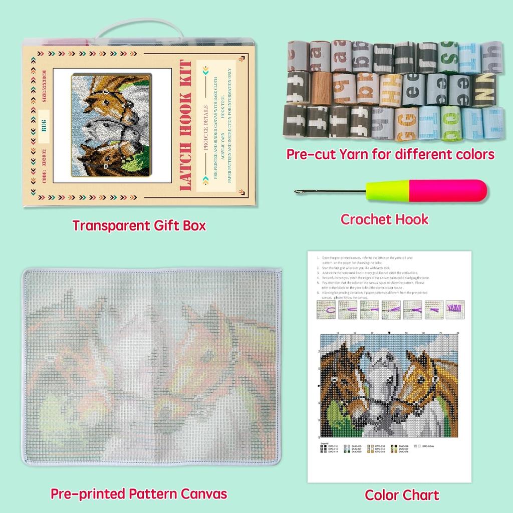 DL-YTG Latch Hook Kits Rug Three Horses Crochet Yarn Cushion Colour Pre-Printed Canvas Cover Rug Needlework DIY Hook and Latch Kit Home Decoration